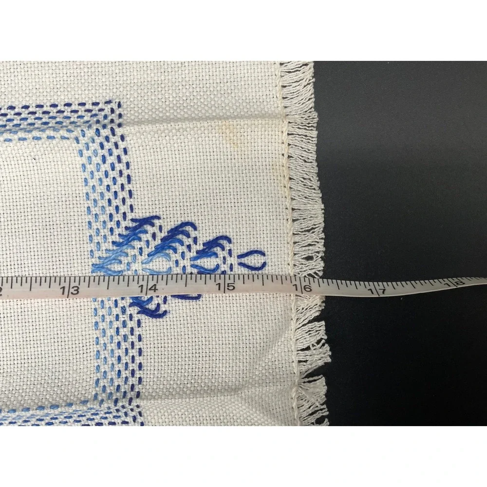 1950s Hand-Embroidered Korean Doily Pair with Blue Motif, Cottage Industry Label